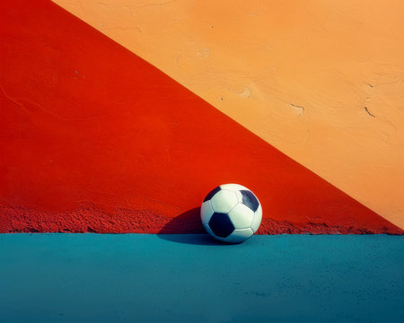 Vibrant Soccer Ball Against Colorful Geometric Background A Study of Juxtaposition and Color Harmony in Sports Photography AI Generativeの素材