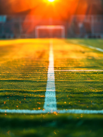 Enchanting Sunset Over Soccer Field with Goalpost and Striking Orange Sunlight, Perfectly Lit Football Ground at Dusk, Capturing the Golden Hour, Dreamy Athletic Landscape with Vivid Colors and White Markings AI Generativeの素材