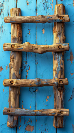 Rustic Wooden Ladder Against Weathered Blue Wooden Wall Vintage Farmhouse Decor Shabby Chic Home Decor Perfect for Photography Backdrops and Artistic Displays AI Generativeの素材