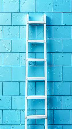 Bright Blue Brick Wall with White Ladder Abstract Art, Minimalist Photography, Modern Urban Design, Contrasting Colors, Geometric Composition, Creative Background, Inspirational Home Decor AI Generativeの素材
