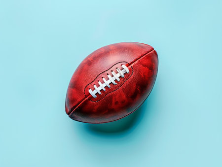 American Football Lying on Light Blue Background, Isolated Sports Ball with Red Leather Texture and White Laces, Classic Equipment for Gridiron Game, Reflecting on Leisure and Professional Sports AI Generativeの素材
