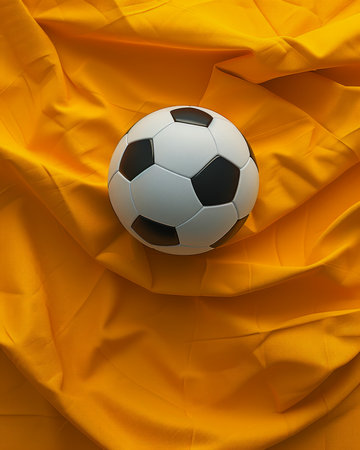 Vibrant Soccer Ball on Bright Yellow Fabric Captures Energetic Sports Theme for Competitive and Creative Visuals AI Generativeの素材