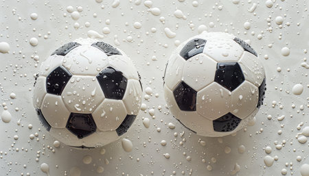 High Quality Soccer Balls with Water Droplets Perfect for Wet Weather Play and Training, Durable and Long Lasting, Ideal for Recreational and Professional Use, Stunning Close Up Photography AI Generativeの素材