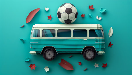 Vintage Camper Van and Soccer Ball with Leaves on Teal Background Aesthetic Retro Adventure and Sport Concept Photo AI Generativeの素材