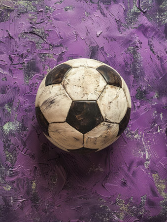 Soccer Ball on Abstract Purple Background with Textured Paint Strokes, Artistic Sports Theme, Unique Football Art Print for Decor, Modern Sports Decoration in Purple and Black Color Scheme AI Generativeの素材