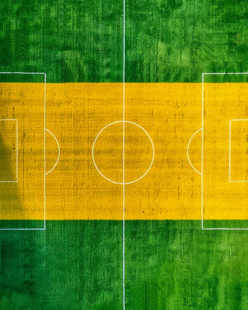 Aerial View of Football Field with Unique Green and Yellow Markings, Goal Posts, and Central Circle in Grass Stadium AI Generativeの素材