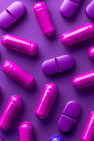 Vibrant Purple Capsules and Tablets Photography against Purple Background Medical and Pharmaceutical Theme AI Generativeの素材