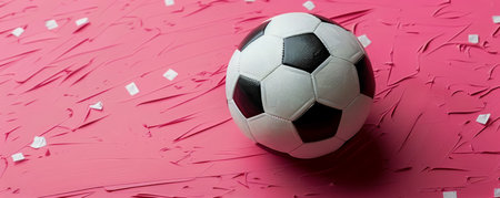 Dynamic Soccer Ball on Vibrant Pink Background with Confetti A Festive Celebration of Soccer Enthusiasm, Team Spirit, and Sports Passion in a High Energy and Colorful Setting AI Generativeの素材