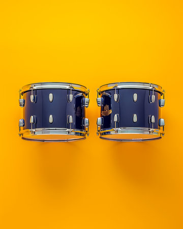 Striking Blue Drums Against Bright Yellow Background in Modern Art Photography Featuring Symmetrical Percussion Instruments AI Generativeの素材