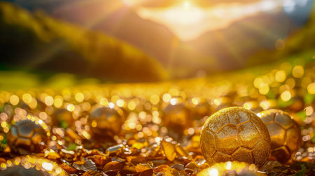 Golden Soccer Balls in Sunlit Field Beautiful Landscape with Glittering Footballs, Sun Rays, Nature, Sport, Outdoors, Golden Hue, Light and Shadow, Grass, Soccer Championship, Artistic Scene AI Generativeの素材