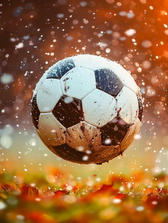 Dynamic Soccer Ball in Mid Air with Dramatic Background Featuring Snowflakes and Vibrant Autumn Leaves AI Generativeの素材
