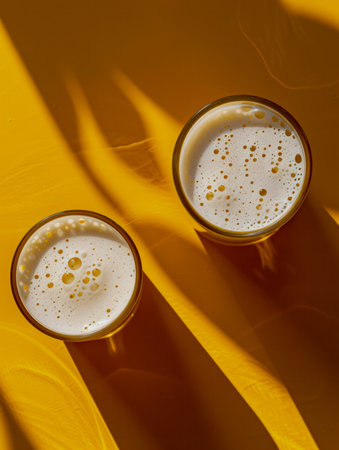 Bright Overhead View of Two Frothy Glasses on Yellow Background Casting Long Shadows in Minimalist Style AI Generativeの素材