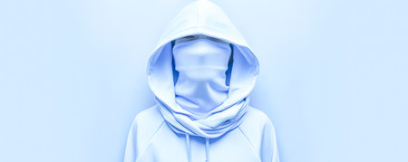 Anonymous Hooded Figure in White Hoodie with Concealed Face Symbolizing Mystery, Privacy, and Secrecy in Minimalist Monochromatic Art Style AI Generativeの素材
