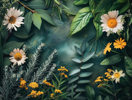 Lush Botanical Garden Capturing Nature&#39;s Beauty with Green Leaves and Vibrant Flowers in a Tropical Oasis with White Daisies and Yellow Blossoms Amidst Greenery and Foliage Perfect for Nature Lovers AI Generativeの素材