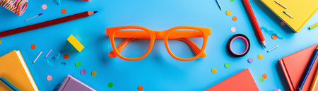 Colorful Back to School Supplies Banner with Orange Glasses and Assorted Stationery Items on Bright Blue Background AI Generativeの素材