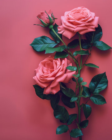 Beautiful Pink Roses with Green Leaves on Coral Background Elegant Blooms, Romantic Flowers, Floral Aesthetic, Stunning Photography, Artful Composition, Nature&#39;s Beauty, Vibrant Colors, Simple Elegance AI Generativeの素材