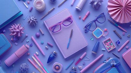 Creative Arrangement of Purple and Blue Stationery Items, Reading Glasses, and Gadgets on a Pastel Background Perfect for a Modern Office, Study Setup, or School Supplies Showcase AI Generativeの素材