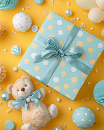 Delightful Teddy Bear and Polka Dot Gift Box Amidst Festive Decorations Perfect for Baby Showers, Birthdays, and Celebrations AI Generativeの素材