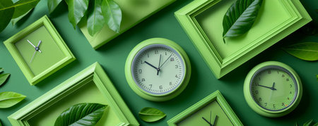 Vibrant Green Timepieces and Frames with Fresh Leaves on Lush Green Background Harmonious Blend of Nature and Modern Design Perfect for Eco Friendly Decor and Nature Inspired Art Enthusiasts AI Generativeの素材