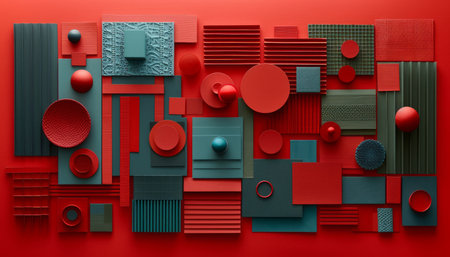 Abstract Geometric Red and Blue Shapes Art Composition, Contemporary Minimalist Design, Modern Wall Decor, Bold Color Contrast, Creative Visual Art, Abstract Artistic Pattern, Interior Decor Piece AI Generativeの素材