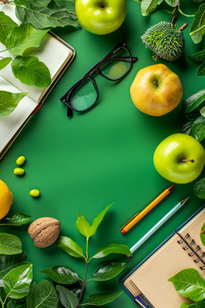 Top View of Fresh Green Apples and Leaves with Notebooks, Glasses, and Stationery on Vintage Green Desk Perfect for Creative Workspaces, Nature inspired Projects, or Healthy Lifestyle Themes AI Generativeの素材