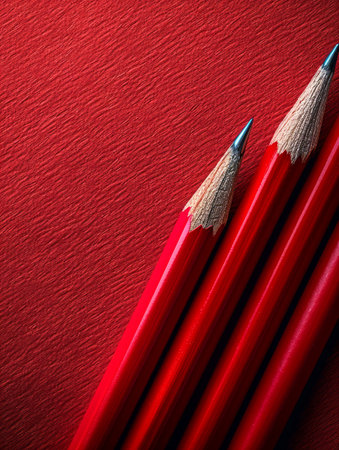 High Quality Red Pencils on Textured Red Background for Art and Education Perfect for Sketching, Drawing, and Writing Needs AI Generativeの素材