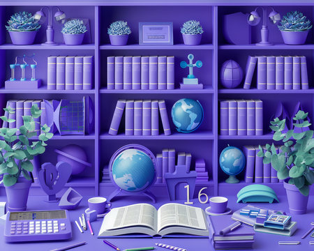 Vibrant Purple Themed Study Room with Open Book, Bookshelf Filled with Books and Study Tools, Potted Plants, and Educational Decor AI Generativeの素材