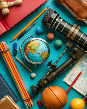 Creative Flat Lay of School Supplies Featuring Pencils, Globe, Telescope, Basketball, and More on a Blue Background AI Generativeの素材
