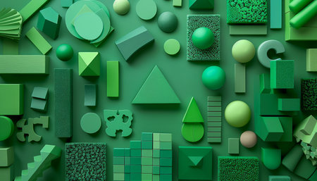 Diverse Arrangement of Green Geometric Shapes in Various Textures and Sizes A Study in Abstract and Minimalist Art AI Generativeの素材