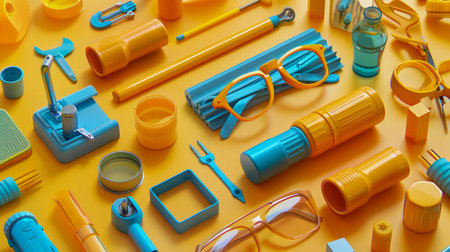 Colorful Assorted Office Supplies and Tools on Yellow Background Creative and Vibrant Desk Essentials for Home Office and School Bright and Modern Accessories in Blue and Orange AI Generativeの素材