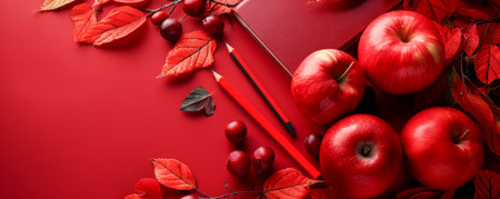 Vibrant Composition with Red Apples, Red Leaves, Red Pencils, and Berries on a Red Background Striking Red Themed Photography AI Generativeの素材