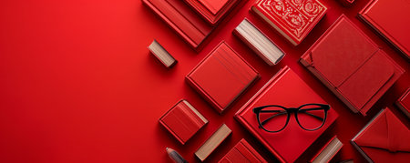 Stylish Black Glasses on Modern Red Geometric Background with Books and Accessories Minimalist Sophisticated Composition for Fashion and Design Enthusiasts AI Generativeの素材