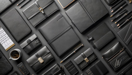 Luxurious Black Leather Office Accessories Notebooks, Wallets, Organizers, Pens, and More Premium Business Essentials for Professional Workspace AI Generativeの素材
