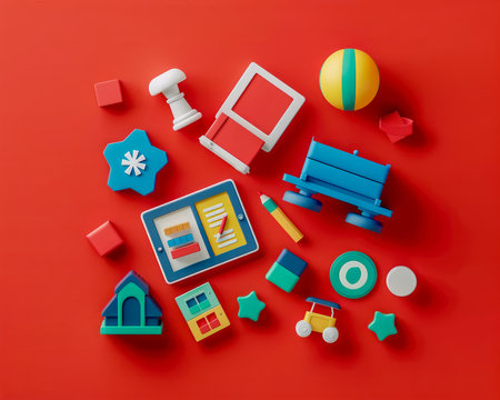 Colorful Assortment of Educational Toys and Tools for Children Arranged on Bright Red Background, Featuring Tablets, Books, Houses, Cars, Shapes, and More for Fun and Learning AI Generativeの素材
