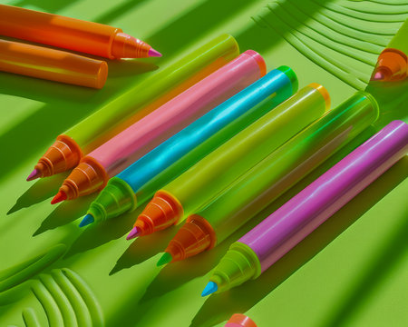 Multicolored Highlighters on Vibrant Green Background, Neon Pens, Office Supplies Aesthetic, Colorful Stationery for School and Work, Bright Fluorescent Markers in Artistic Arrangement AI Generativeの素材