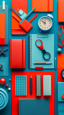 Top View of Colorful Office Supplies and Stationery on Blue and Red Background Stylish, Organized, and Modern Work Desk Essential Items for Productivity and Creativity in Office or School AI Generativeの素材