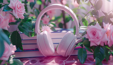 Enchanting Pink Headphones Amidst Blossoming Roses and Books A Serene Fusion of Music, Nature, and Literature in a Tranquil Garden Setting AI Generativeの素材