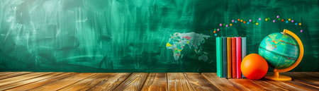 Colorful Back to School Concept with Books, Globe, and Chalkboard on Wooden Desk Perfect for Educational and Classroom Themes AI Generativeの素材