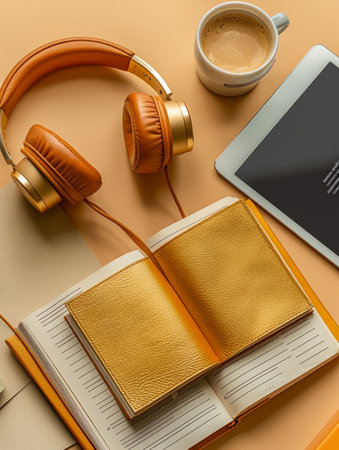 Top View of Cozy Workspace with Open Books, Stylish Orange Headphones, Hot Coffee in Mug, and Tablet on Peach Background Perfect for Study, Reading, and Creative Inspiration AI Generativeの素材