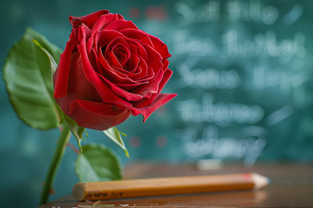 Vibrant Red Rose on Classroom Desk With Chalkboard Background Symbolizing Love, Education, and Inspiration in Academic Setting Photography of Single Rose and Pencil on Wooden Surface AI Generativeの素材