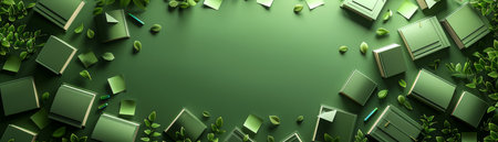 Green Themed Banner with Scattered 3D Books and Floating Leaves Ideal for Eco friendly Educational Campaigns and Learning Resources Promotions AI Generativeの素材
