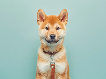 Adorable Shiba Inu Puppy with Brown Collar Sitting Against a Light Blue Background Looking Curious and Cute AI Generativeの素材