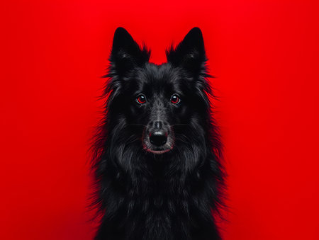Elegant Black Belgian Sheepdog Against a Bold Red Background Striking Portrait Capturing the Essence and Beauty of a Majestic Canine Fine Art Photography for Dog Lovers and Art Enthusiasts AI Generativeの素材