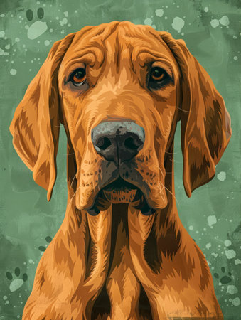 Portrait of a Golden Dog Realistic Painting of a Hound with Green Background and Paw Prints Artistic Canine Illustration in Earth Tones, Close Up on Dog&#39;s Expressive Eyes and Detailed Fur Texture AI Generativeの素材