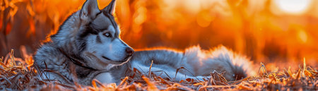 Stunning Siberian Husky Resting in Autumn Leaves at Golden Hour in a Beautiful Sunset Scenic Outdoor Photography Capturing the Beauty of Nature and Majestic Canine in a Tranquil Fall Setting AI Generativeの素材