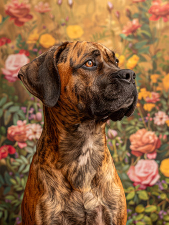 Majestic Brindle Dog Portrait with Colorful Floral Background Displaying Elegance and Strength for Home or Office Decor AI Generativeの素材