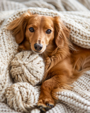 Cozy Puppy Wrapped in Knit Blanket with Yarn Balls Adorable Dachshund Relaxing in Comfort Warm and Fuzzy Canine Moments Captured in a Snuggly Setting Perfect Pet Photography for Dog Lovers AI Generativeの素材
