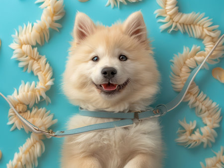 Cute Fluffy Puppy with Leash and Pasta Garland on Blue Background, Happy Dog, Pet Photography, Adorable Pet Portrait, Canine Joy and Playfulness, Custom Pet Accessories, Dog Lover&#39;s Delight, Puppy Cuteness Overload AI Generativeの素材