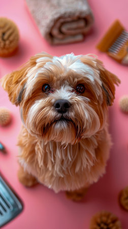 Adorable Small Dog Awaiting Grooming on Pink Background with Grooming Tools and Towels AI Generativeの素材