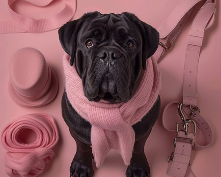 Adorable Black Pug Wearing Pink Scarf with Matching Accessories, Dog Fashion, Stylish Pet, Perfect for Dog Lovers and Fashion Enthusiasts, Cute Canine with Trendy Style, Pug Portrait AI Generativeの素材